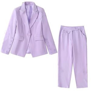 Autunno Vintage Lavanda con spacco sul retro Giacca da donna CHIC Vita alta Piccoli pantaloni dritti Abiti a maniche lunghe 2 pezzi Set Cappotto 210429