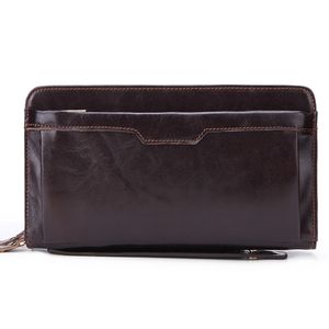 Clutch Bag Men Genuine Leather Cowhide Male Wrist Handbag Double Zippers Purse Wallet Cell Phone Cash Card Holder