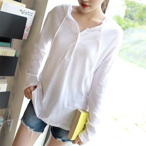 S-2XL Bamboo Cotton Oversize Hoodie Plus Size Summer T Shirt Women Hooded Long Sleeve Shirts white Casual Female ee ops Maxi 210423
