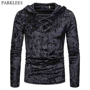 Męska Szkocka Jacobite Ghillie Kilt Lace-Up Koszulka z kapturem z długim rękawem Velvet Bluzy Tshirts Mężczyzna Hip Hop Casual Black Top Tee 210522