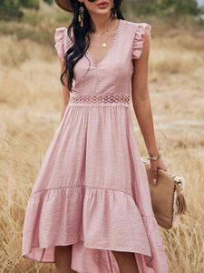 ATUENDO Summer Solid Pink Dress for Women Bohemian Sexy Soft High Waist Ladies Robe Boho Leisure Wedding Guest Silk Long Dresses Y220214