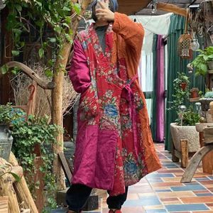 Johnature Women Chinese Style Parkas Bomull Linen Patchwork Färgrockar Skriv ut Blommor V-Neck Långärmad Spring Parkas 210521