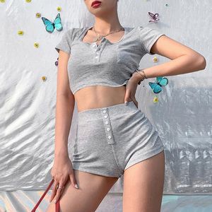 Frauen Shorts Mode Anzug Frauen Kleidung Tops Sexy Kurze Top T-Shirt Hohe Taille Stricken Casual Baumwolle 2PCS set Sportwear