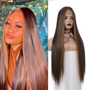 Con Wignee Straight Brown Highlights Long Midden Media Wig Synthetic Resistente al calore Parrucche per le donne Cosplay Hair S0826 S