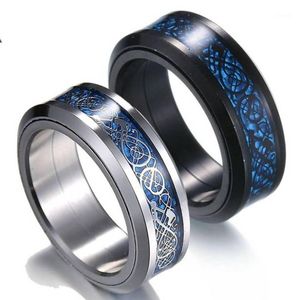 Kluster ringar Svart 316L Rostfritt stål Ring kan roteras bröllopsband Blå kolfiber des Nibelungen drake för män