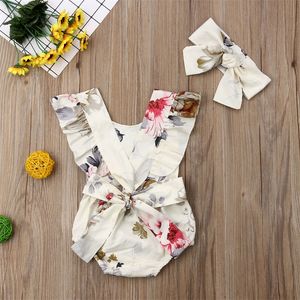 Bebek romper tulumlar setleri çiçek baskısı sırtsız kolsuz fırfırlı kız romper kafa bandı 2pcs set ins ins infant bodysuit çocuk giyim yeni 592 k2