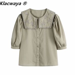 Kobiety Vintage Turn Down Collar Floral Haft Smock Bluzka Kobieta Plath Sleeve Koszula Chic Blusas Topy 210521