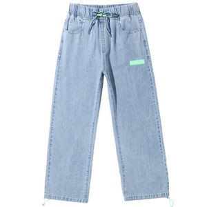 Homens Hip Hop Moda Marca Solta Calças de Jeans Retas Simples Moda Casual Juvenil Popular Lace Lace Pant Calças Luz Azul X0621