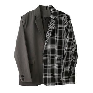 IEFB /men's wear Fashion contrast color gray plaid print blazers personality all-match loose suit coat big size autumn Y4103 210524
