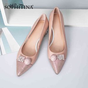 Sophitina Pompalar Kadın Patchwork Koyun Hakiki Leierpointed Toe Sığ Düğmesi Kristal Dekorasyon Med Tranarent Topuk Ayakkabı PC980 210513