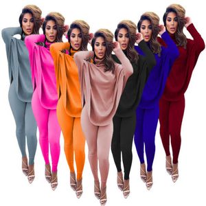 Kobiety Dres Dwa Kawałki Spodnie Zestaw Projektant Wysokiej szyi Sweter Garnitury Casual Solid Solid Bat Sleeve Top Spodnie Damskie Outfits 7 Kolory