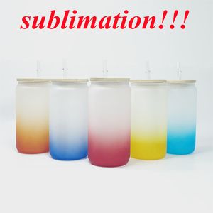 16oz sublimação óculos de gradiente cerveja em branco pode copo de vidro com tampa de bambu reutilizável palha colorida garrafa de água de água de soda