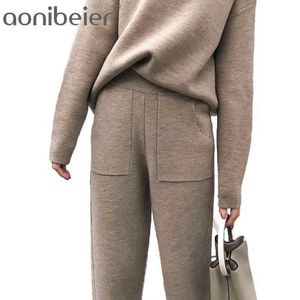 Two Pieces Female Set O-Neck Loose Long Sleeve Tracksuit Pullover Elastic Waist Ankle Length Pants Fit Women 210604
