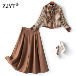 Moda otoño invierno mujer vestido de lana conjunto manga larga Bowknot Plaid chaqueta abrigo y falda 2 piezas traje fiesta traje de oficina 211119