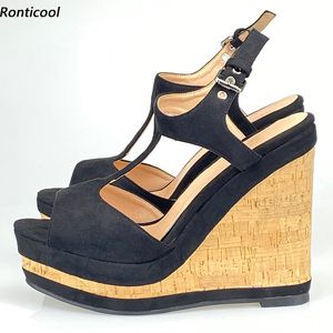 Rontic 2021 Handgjorda Kvinnor T-Rem Platform Sandaler Sexiga Buckle Wedges Heels Open Toe Elegant Svart Casual Skor US Storlek 5-20