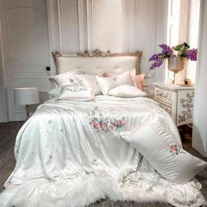 Wholesale tencel duvet cover sets resale online - Luxury Embroidery White TC Tencel Silk Duvet Cover Set Bed Sheet Pillowcases Queen King size