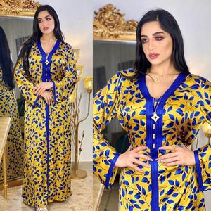 Ethnic Clothing Yellow Print Muslim Abaya Long Sleeve Dubai Kaftan Robe Sexy V-neck Maxi Dress Middle East Arab Dresses S-XXL