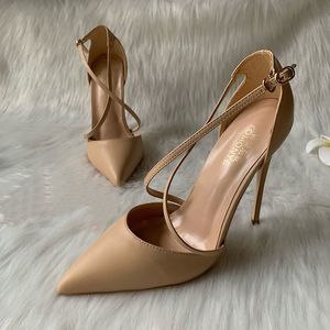 Kvinnor Tan Matte Pu Cross Strap Stiletto Shoes Brand Red Botts Pumpar Point Toe 10cm 12cm Höga klackar Sexiga utskärningar Röda sula Sandaler för eleganta damer Chic Dress Shoe Shoe