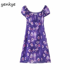 Urlaub Sommer Frauen Lila Blumen Druck Sexy Dame Rundhals Kurzarm A-linie Mini Kleid robe femme 210514