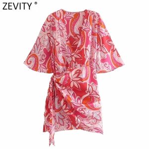 Zevity Frauen Vintage V-ausschnitt Totem Floral Print Falten Verknotet Kimono Mini Kleid Weibliche Chic Kurzarm Vestidos DS8399 220210