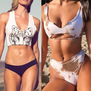 Women's Swimwear Women Casual Two-piece Set, Printed Pattern U-shaped Collar Bikini Tops And Shorts, Black/ White