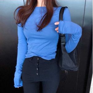 원근감 섹시 한국어 버전 세련된 더미 슬리브 얇은 상단 기본 다용도 슬림 긴 티셔츠 가을 소녀 사탕 색 PQ6 210603
