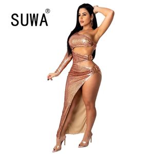 Women Sets With Skirts Hollow Out Long Sleeve Crop Top Tunic Side Slit Bodycon Midi Dresses Party And Wedding Sexy Outfits 210525