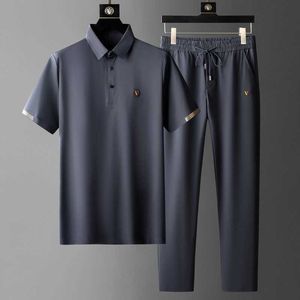 2021 spring and summer new thin simple quick-drying suit men's business polo shirt summer elastic loose pants X0909