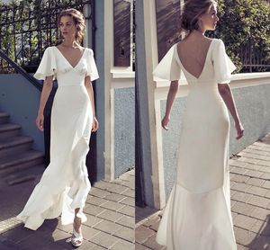 Basit V Boyun Boho Gelinlik Kısa Kollu Yumuşak Saten Mermaid Gelinlikler Kat Uzunluk Seksi Açık Geri Vestidos De Novia İkinci Resepsiyon Elbiseler Bahçe AL9262