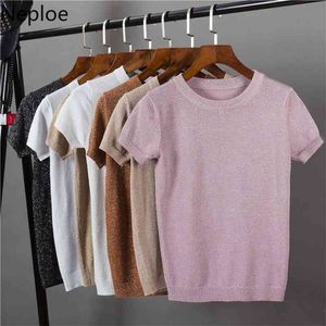 Neploe Lurex Malha Mulheres Camisetas Primavera Verão Sólido Coreano O Pescoço Manga Curta Tees Casuais Alongamento Feminino Tops 80612 210324