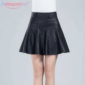 Aelegantmis Loose A Line Faux Leather Skirt Women Plus Size Casual Mini Pleated Female Short Black High Street Chic 210607