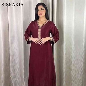 Siskakia jalabiya abito maxi a maniche lunghe per donne autunno New Dubai Abaya Fashion Diamond Ribbon V Neck Muslim Arabic Arabic 210325
