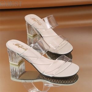 Четкие каблуки тапочки женские сандалии летняя обувь дамы прозрачные PVC высокие насосы свадьбы свадебный комфорт женская партия сандалии на высоком каблуке Y1120
