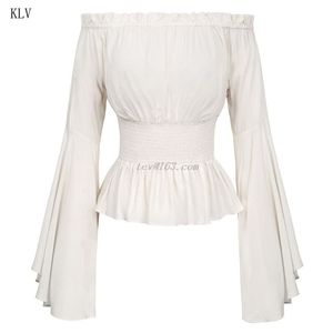 Womens Gothic Renaissance Blouse Flare Sleeves Ruffles Off Shoulder Corset Tops Victorian Cosplay Costume Pirate Shirt 210317
