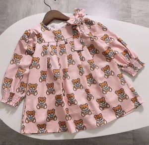 New Summer Fashion Cartoon Letter Style Kids Girl Clothes Longsleeved Bear Print Dress Baby Girl Princess Dress 28 Years