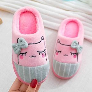 Bowknot Cat Children Cotton Slippers Autumn Winter Home Indoor Warm Kids Shoes Comfort Non-Slip Fluffy Slippers Pink Girls Shoes 211119