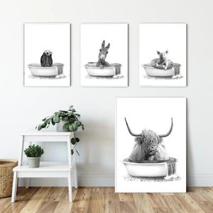 Schilderijen dier in badkuip poster print grappige hoogland koe varken ezel bad canvas schilderij kwekerij muur foto's kind kamer decoratie