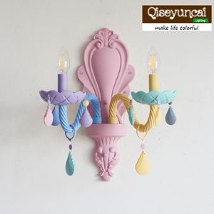 Vägglampor Qiseyuncai American Children's Room Macaron Color Matching Crystal Lamp Restaurant Girl Bedroom Lighting