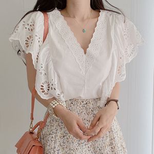 Summer Women Tops Elegant Chic Crochet Lace Hollow Shirt Korean Embroidery Ruffled Short Sleeve Deep V Neck Blouse 210515