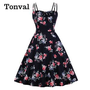 Tonval Elegant Blommigt Slips Fram En Linje Party Vintage Pin Up Cami Dress Kvinnor Sommar Shirred Back Bomull Plus Storlek Retro Klänningar X0521