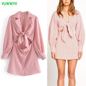 Pink Green Plaid Cut Out Mini Dress Women Summer Elegant Holiday Style Slim Woman Long Sleeve Front Knot Vestidos 210430