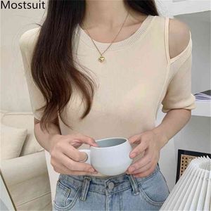 Ramię Open Hollow Dzianiny T Shirt Kobiety Lato Krótki Rękaw O-Neck Topy Tees Koreański Moda Solidna Koszulka Koszulka FEMME 210513