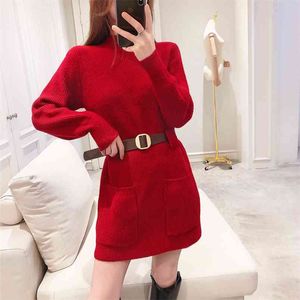 Gonna in maglione lavorato a maglia rossa, abito con cintura alla moda, vita in vita, stile pullover lungo sottile 210427