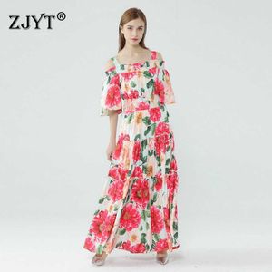 Runway Fashion Summer Long Dress Women Elegant Off The Shoulder Floral Print Robe Femme Sexy Maxi Party Vestidos 210601