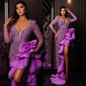 Purple Lilac High Side Split Ruffles Evening Dress Long Sleeve Beaded Crystal Prom Gowns Deep V Neck Celebrity Women Party Wear BES121