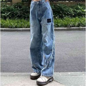 Retro design blue ladies jeans Y2k straight and thin loose high waist wide leg mopping street pants autumn 210922