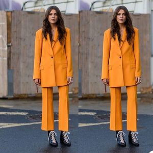 Mode Orange Kvinnor Byxor Passar Fritid Lös två Knapp Blazer Suit Ladies Prom Party Wedding Wear Outfit (Jacka + Byxor)