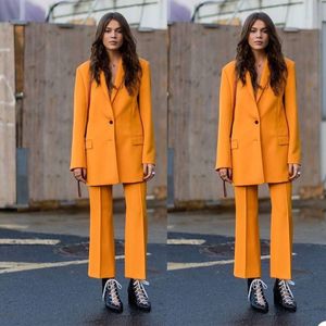 Mode Orange Kvinnor Byxor Passar Fritid Lös två Knapp Blazer Suit Ladies Prom Party Wedding Wear Outfit (Jacka + Byxor)