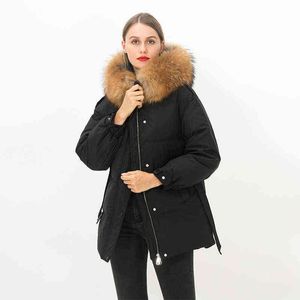 ビッグリアルアライグマの毛皮の高品質冬のショートレディースジャケット90％ホワイトアヒルダウンコート暖かいフード付き女性厚い暖かいパーカー211130