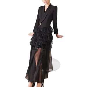 Runway Women Autumn Suit Collar Ruffles Patchwork Pleated Mesh Dress Long Sleeve Party White Black Red Vestidos